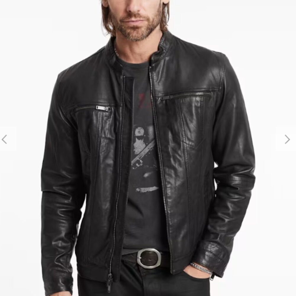 John Varvatos Black Leather Bomber Jacket